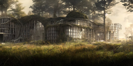 Architecture of the future, a ruined city overgrown with greenery. Concept art, idea for inspiration.の写真素材