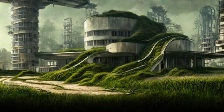 Architecture of the future, a ruined city overgrown with greenery. Concept art, idea for inspiration.の写真素材