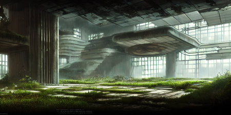 Architecture of the future, a ruined city overgrown with greenery. Concept art, idea for inspiration.の写真素材