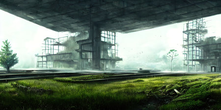 Architecture of the future, a ruined city overgrown with greenery. Concept art, idea for inspiration.の写真素材