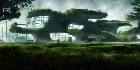 Architecture of the future, a ruined city overgrown with greenery. Concept art, idea for inspiration.の写真素材