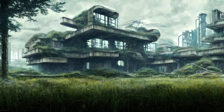 Architecture of the future, a ruined city overgrown with greenery. Concept art, idea for...