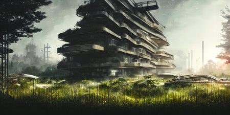 Architecture of the future, a ruined city overgrown with greenery. Concept art, idea for inspiration.の写真素材