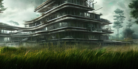 Architecture of the future, a ruined city overgrown with greenery. Concept art, idea for...