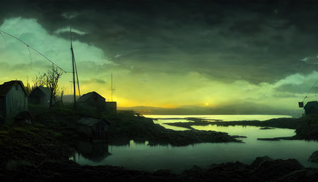 Fishing village, on the edge of the world. old pier. Illustration for a book, concept artの写真素材
