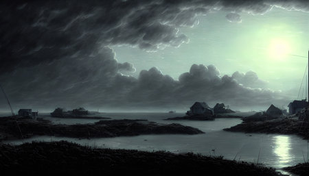 Fishing village, on the edge of the world. old pier. Illustration for a book, concept art