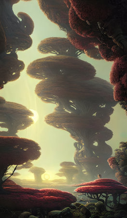 Magical forest, fantastic journey in fabulous places. Idea for inspiration. Illustration for a children's book.の写真素材