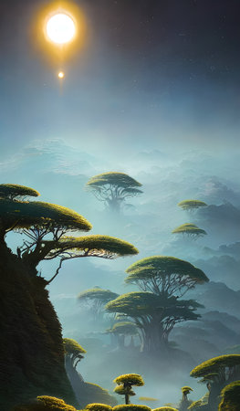 Magical forest, fantastic journey in fabulous places. Idea for inspiration. Illustration for a children's book.の写真素材