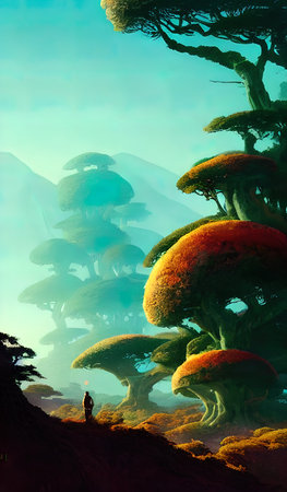 Magical forest, fantastic journey in fabulous places. Idea for inspiration. Illustration for a children's book.の写真素材