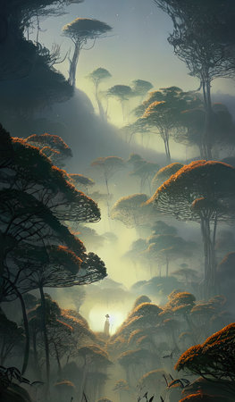 Magical forest, fantastic journey in fabulous places. Idea for inspiration. Illustration for a children's book.の写真素材