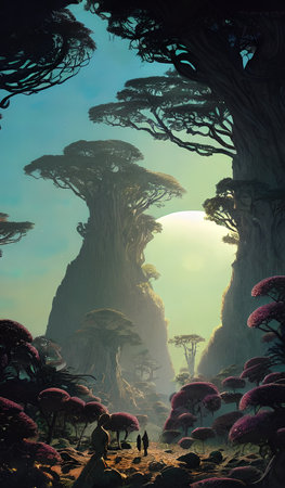 Magical forest, fantastic journey in fabulous places. Idea for inspiration. Illustration for a...