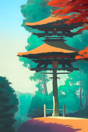 Japanese landscape, illustration. Fairy forest.の写真素材