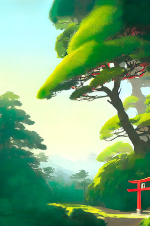 Japanese landscape, illustration. Fairy forest.の写真素材