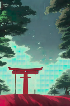 Japanese landscape, illustration. Fairy forest.の写真素材