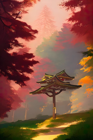 Japanese landscape, illustration. Fairy forest.の写真素材