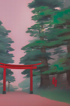 Japanese landscape, illustration. Fairy forest.の写真素材