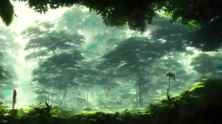 Journey to abandoned jungle, overgrown forest composition, illustration.