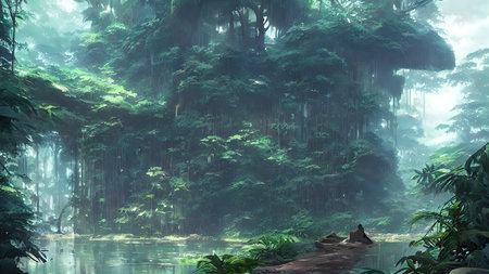 Journey to abandoned jungle, overgrown forest composition, illustration.