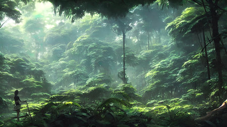 Journey to abandoned jungle, overgrown forest composition, illustration.の写真素材
