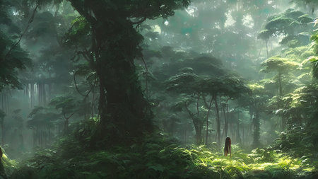 Journey to abandoned jungle, overgrown forest composition, illustration.の写真素材