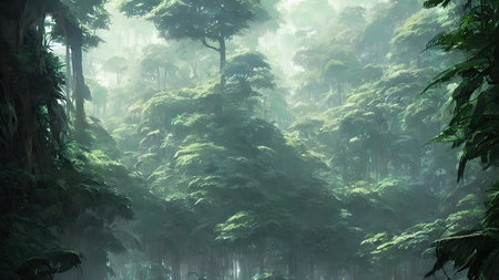 Journey to abandoned jungle, overgrown forest composition, illustration.の写真素材