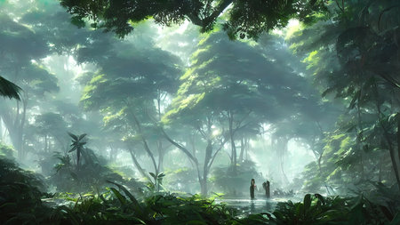 Journey to abandoned jungle, overgrown forest composition, illustration.の写真素材