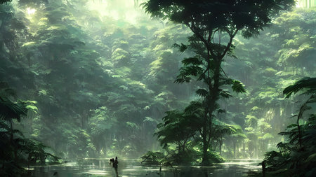 Journey to abandoned jungle, overgrown forest composition, illustration.の写真素材