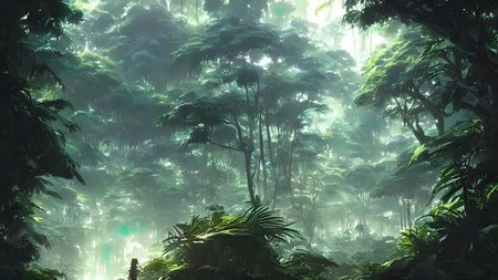 Journey to abandoned jungle, overgrown forest composition, illustration.