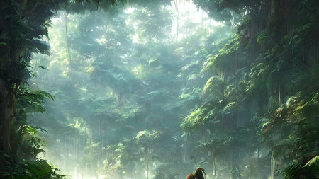 Journey to abandoned jungle, overgrown forest composition, illustration.
