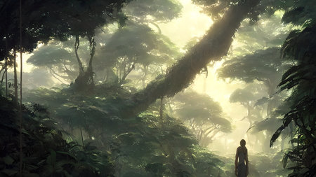 Journey to abandoned jungle, overgrown forest composition, illustration.の写真素材