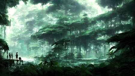 Journey to abandoned jungle, overgrown forest composition, illustration.の写真素材