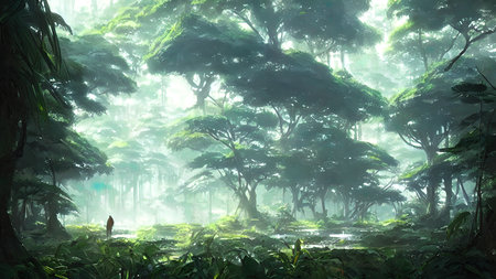 Journey to abandoned jungle, overgrown forest composition, illustration.の写真素材