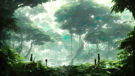 Journey to abandoned jungle, overgrown forest composition, illustration.の写真素材