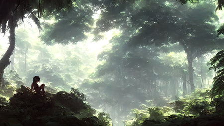 Journey to abandoned jungle, overgrown forest composition, illustration.の写真素材
