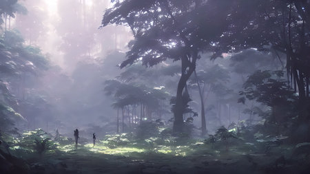 Journey to abandoned jungle, overgrown forest composition, illustration.の写真素材