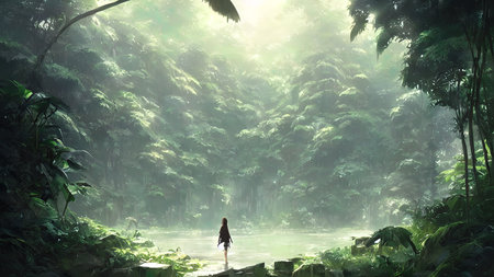 Journey to abandoned jungle, overgrown forest composition, illustration.の写真素材