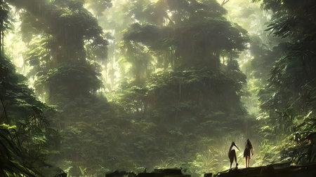 Journey to abandoned jungle, overgrown forest composition, illustration.の写真素材