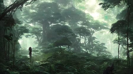 Journey to abandoned jungle, overgrown forest composition, illustration.の写真素材