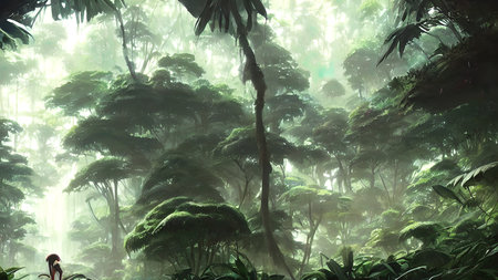 Journey to abandoned jungle, overgrown forest composition, illustration.