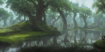 Journey to abandoned jungle, overgrown forest composition, illustration.の写真素材