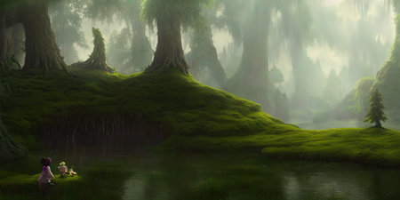 Journey to abandoned jungle, overgrown forest composition, illustration.の写真素材