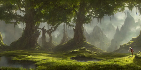 Journey to abandoned jungle, overgrown forest composition, illustration.の写真素材