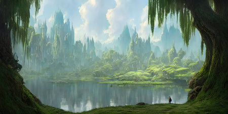 Journey to abandoned jungle, overgrown forest composition, illustration.の写真素材