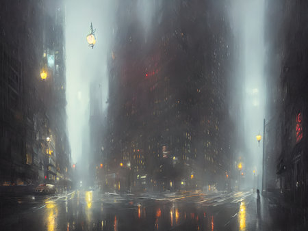 Night Gotham in the rain. oil paints, illustrations.の写真素材