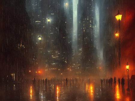 Night Gotham in the rain. oil paints, illustrations.の写真素材
