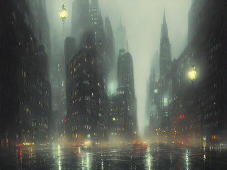 Night Gotham in the rain. oil paints, illustrations.の写真素材