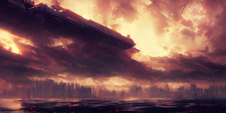 Dramatic scene, cities of the future, in the clouds.