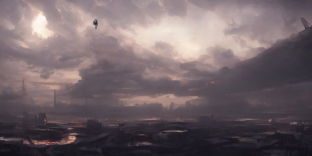 Dramatic scene, cities of the future, in the clouds.