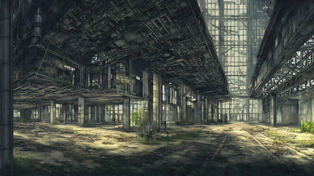 Abandoned plant overgrown with vegetation. concept art, interior.