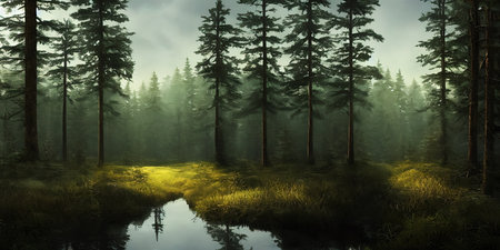 Summer landscape of a coniferous forest near the waterの写真素材